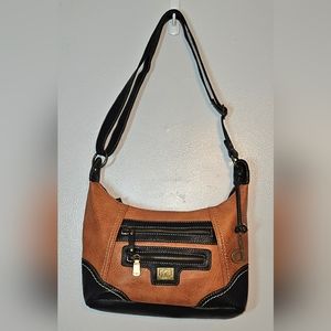 B.O.C. Faux Pebbled Leather Shoulder Bag Tan/Black w/ Power Bank Pocket